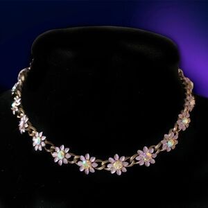Vintage enamel lavender metal flower ab crystal  floral link necklace 15”